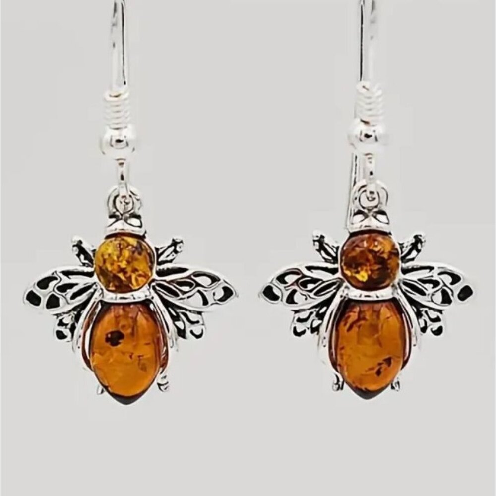 Imitation Amber Honeybee Dangle Earrings Silver Tone Hook